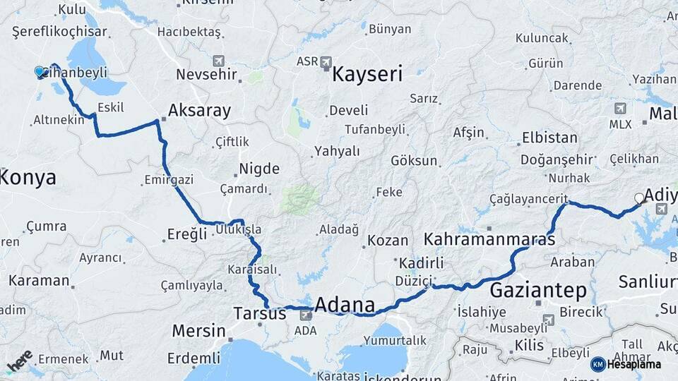 Konya Cihanbeyli Adıyaman Arası Kaç Km - Yol Haritası