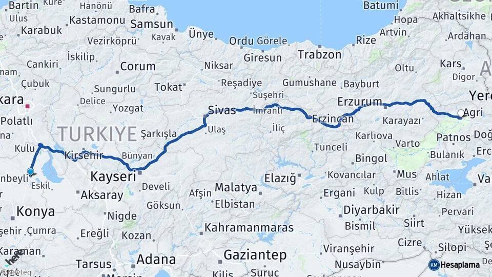 Konya Cihanbeyli Ağrı Arası Kaç Km - Yol Haritası