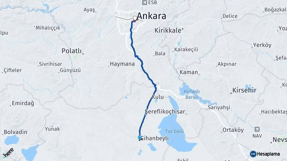 Konya Cihanbeyli Ankara Arası Kaç Km - Yol Haritası