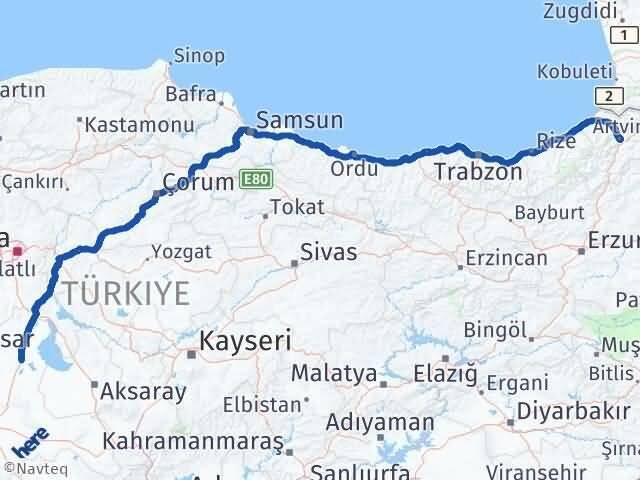 Konya Cihanbeyli Artvin Arası Kaç Km - Yol Haritası