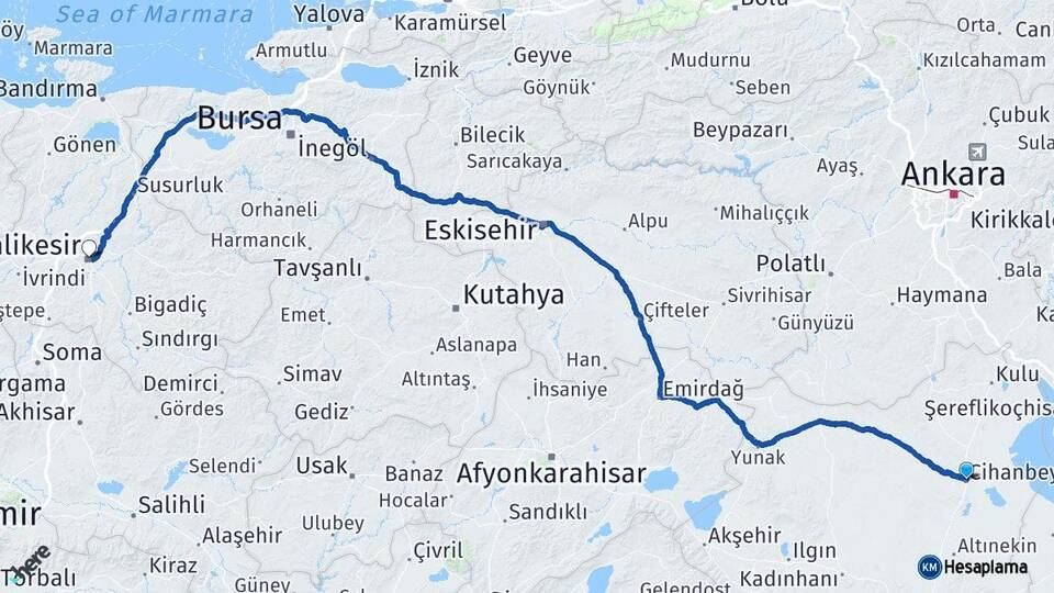Konya Cihanbeyli Balıkesir Arası Kaç Km - Yol Haritası