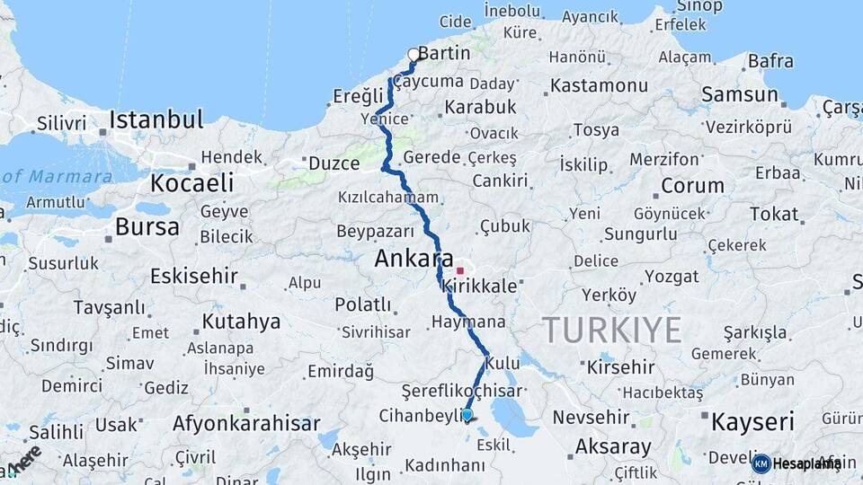 Konya Cihanbeyli Bartın Arası Kaç Km - Yol Haritası