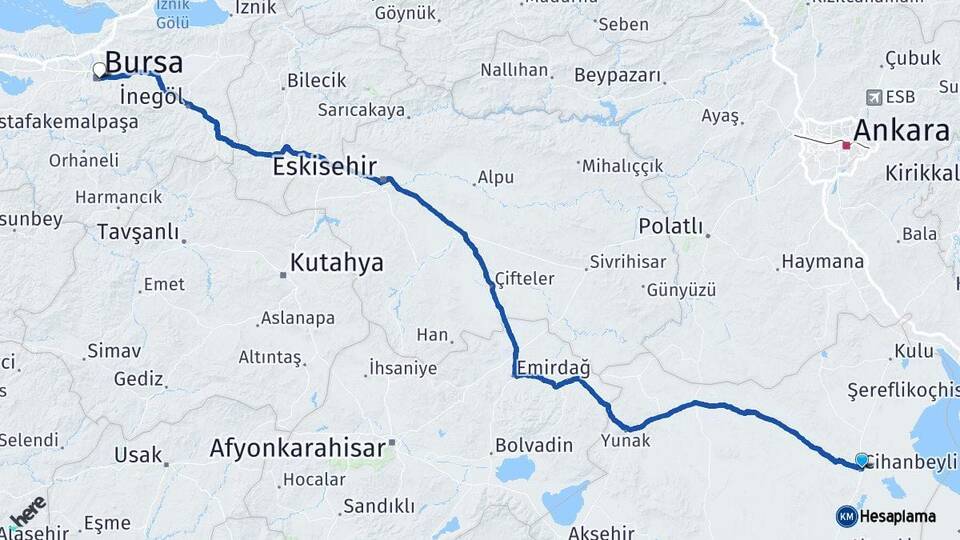 Konya Cihanbeyli Bursa Arası Kaç Km - Yol Haritası