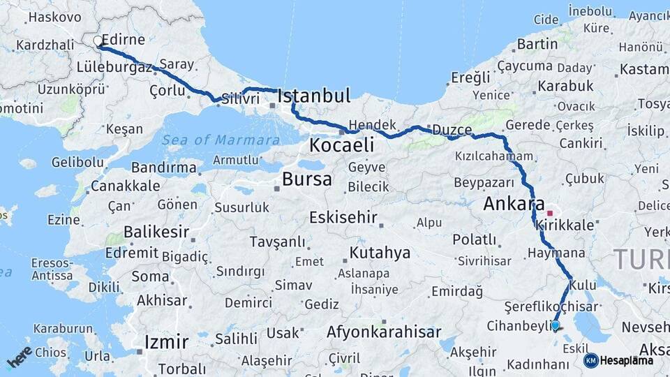 Konya Cihanbeyli Edirne Arası Kaç Km - Yol Haritası