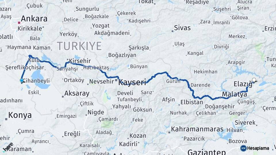 Konya Cihanbeyli Elazığ Arası Kaç Km - Yol Haritası