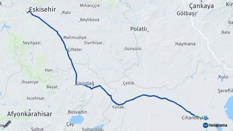 Konya Cihanbeyli Eskişehir Arası Kaç Km - Yol Haritası