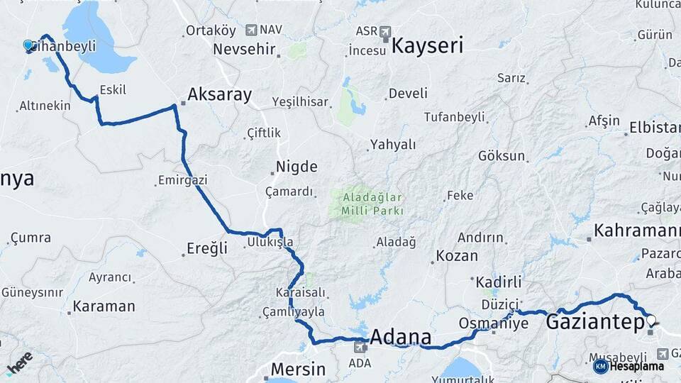 Konya Cihanbeyli Gaziantep Arası Kaç Km - Yol Haritası