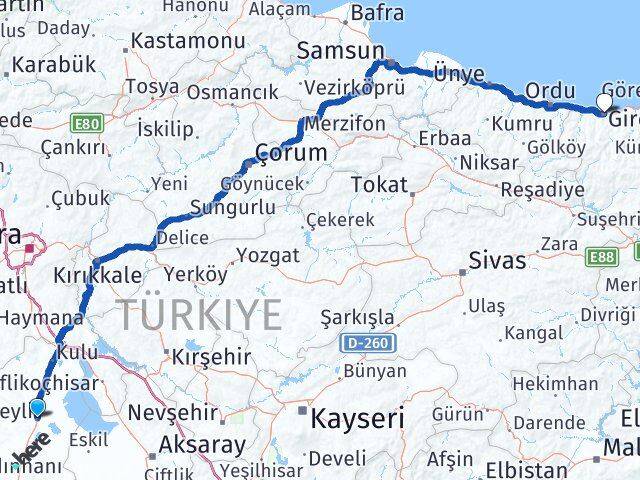 Konya Cihanbeyli Giresun Arası Kaç Km - Yol Haritası