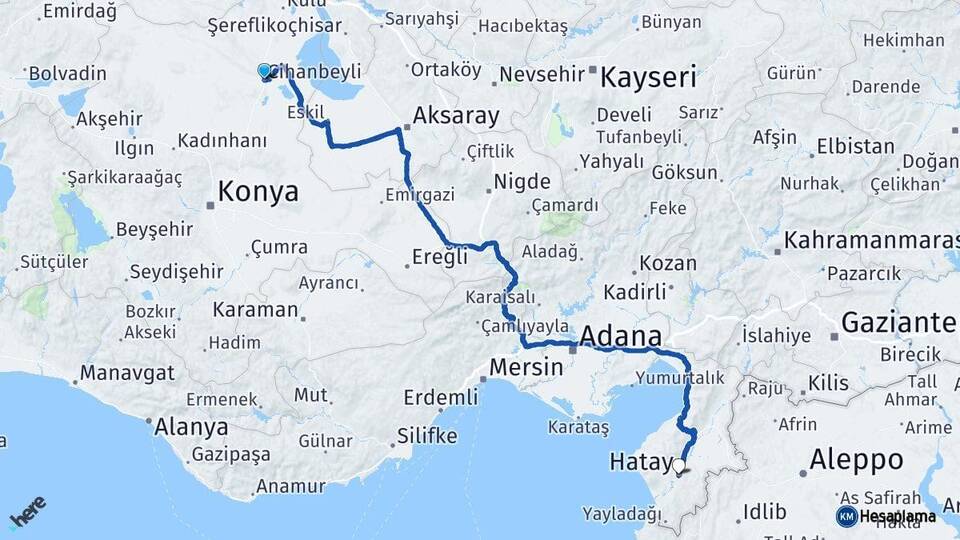 Konya Cihanbeyli Hatay Arası Kaç Km - Yol Haritası