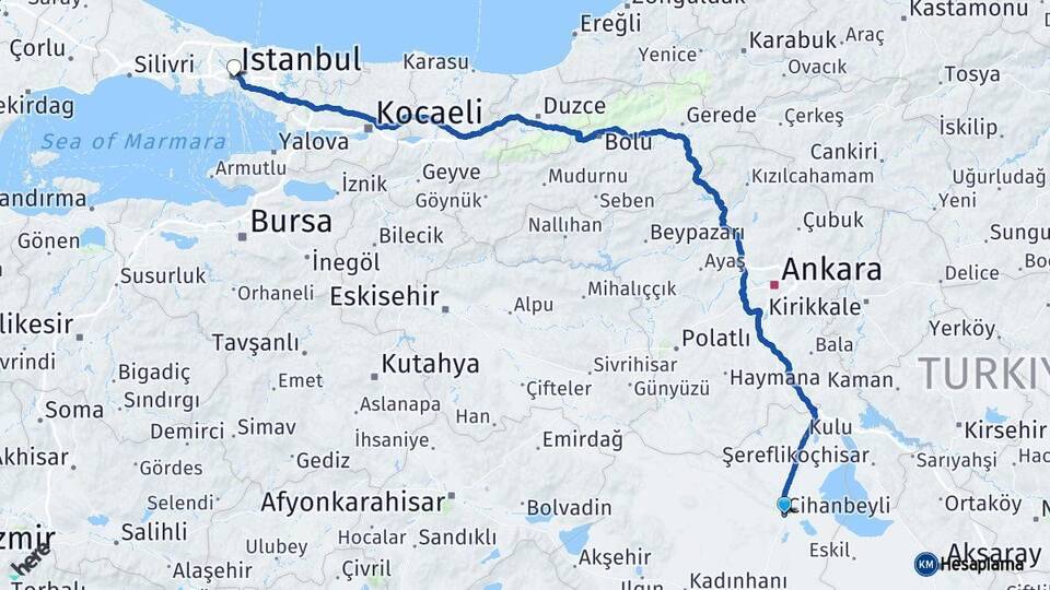Konya Cihanbeyli İstanbul Arası Kaç Km - Yol Haritası