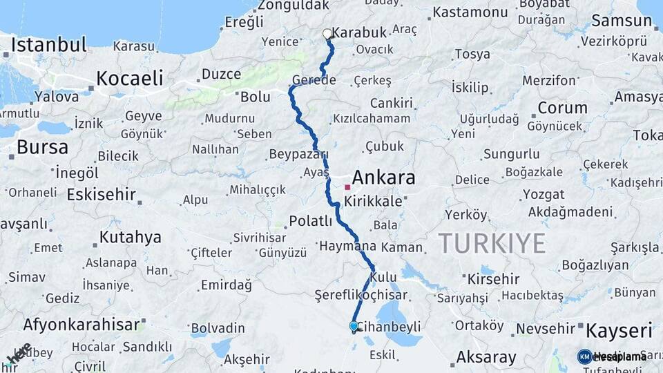 Konya Cihanbeyli Karabük Arası Kaç Km - Yol Haritası