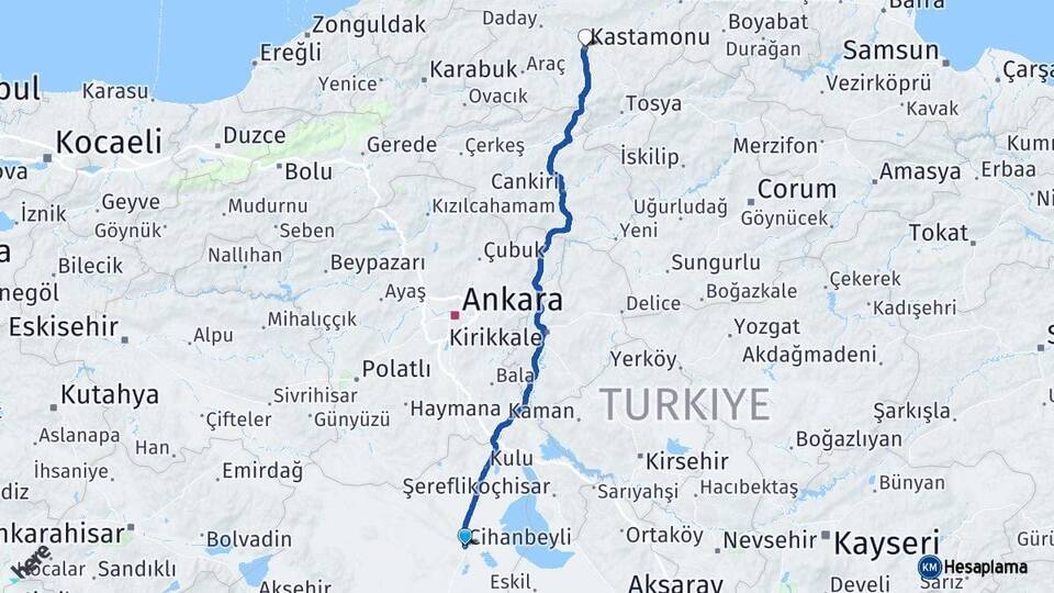 Konya Cihanbeyli Kastamonu Arası Kaç Km - Yol Haritası