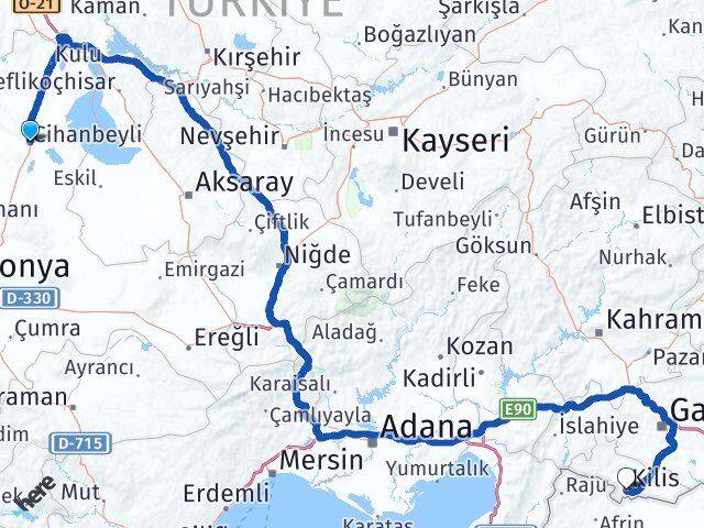 Konya Cihanbeyli Kilis Arası Kaç Km - Yol Haritası