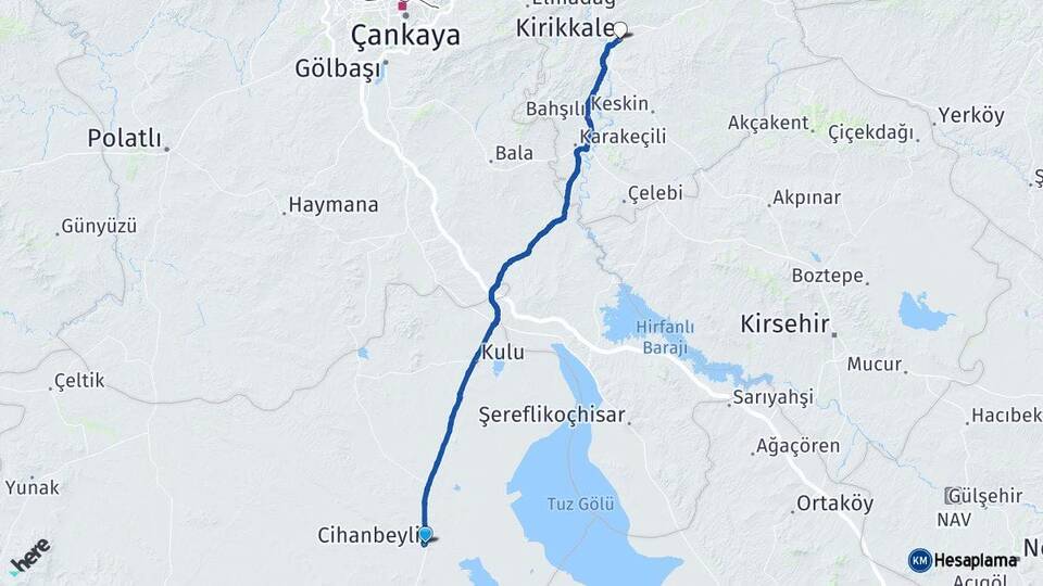 Konya Cihanbeyli Kırıkkale Arası Kaç Km - Yol Haritası