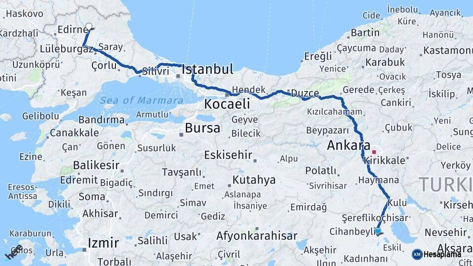 Konya Cihanbeyli Kırklareli Arası Kaç Km - Yol Haritası