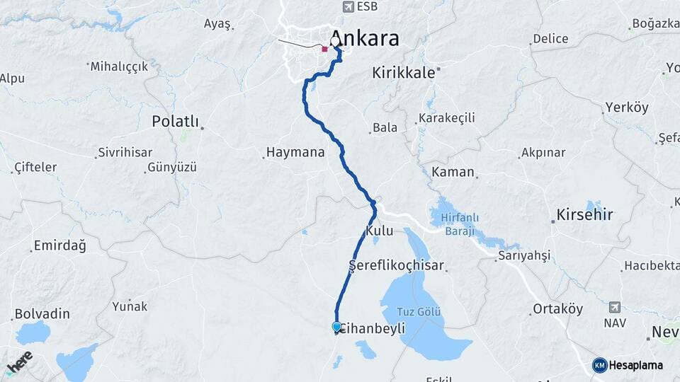 Konya Cihanbeyli Mamak Ankara Arası Kaç Km - Yol Haritası