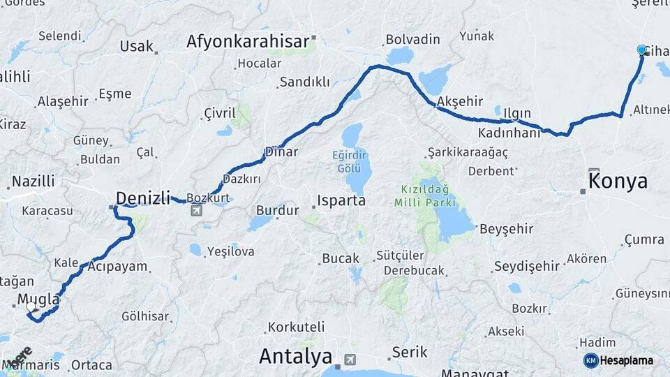 Konya Cihanbeyli Muğla Arası Kaç Km - Yol Haritası