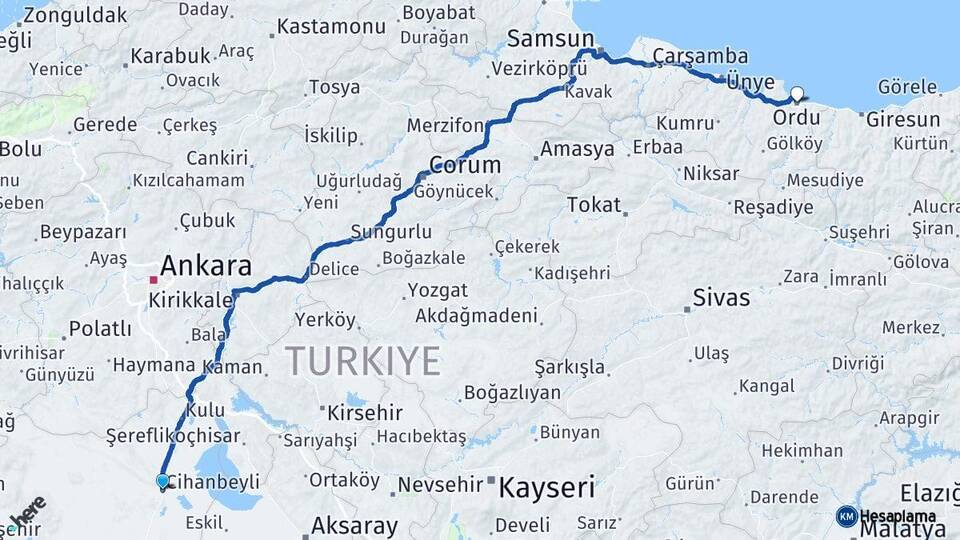 Konya Cihanbeyli Ordu Arası Kaç Km - Yol Haritası