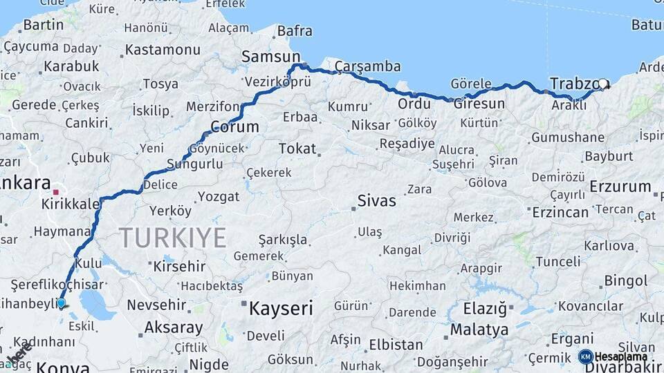 Konya Cihanbeyli Rize Arası Kaç Km - Yol Haritası
