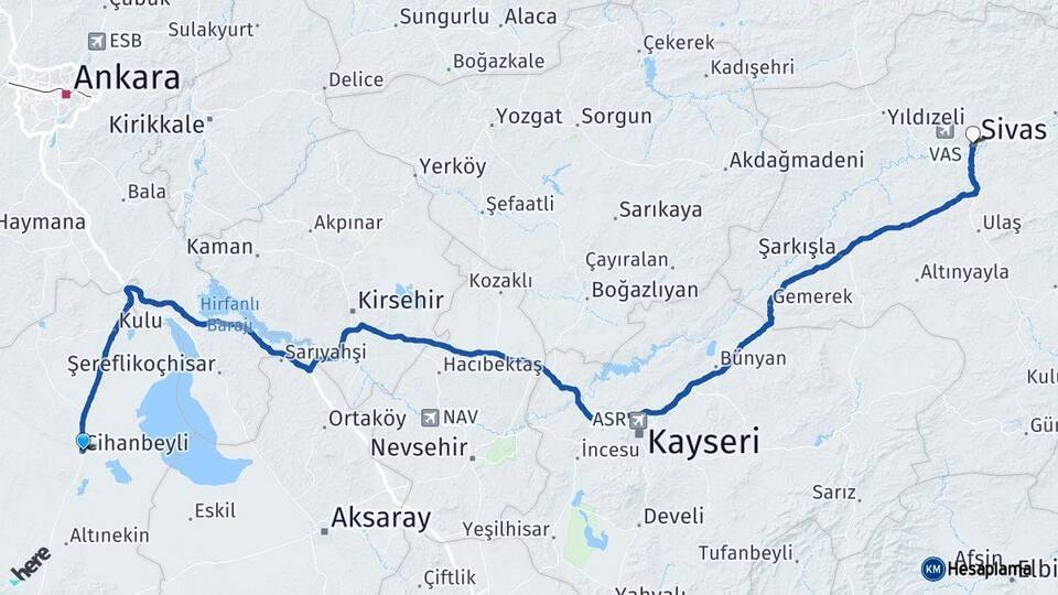 Konya Cihanbeyli Sivas Arası Kaç Km - Yol Haritası