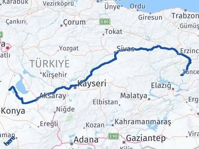 Konya Cihanbeyli Tunceli Arası Kaç Km - Yol Haritası