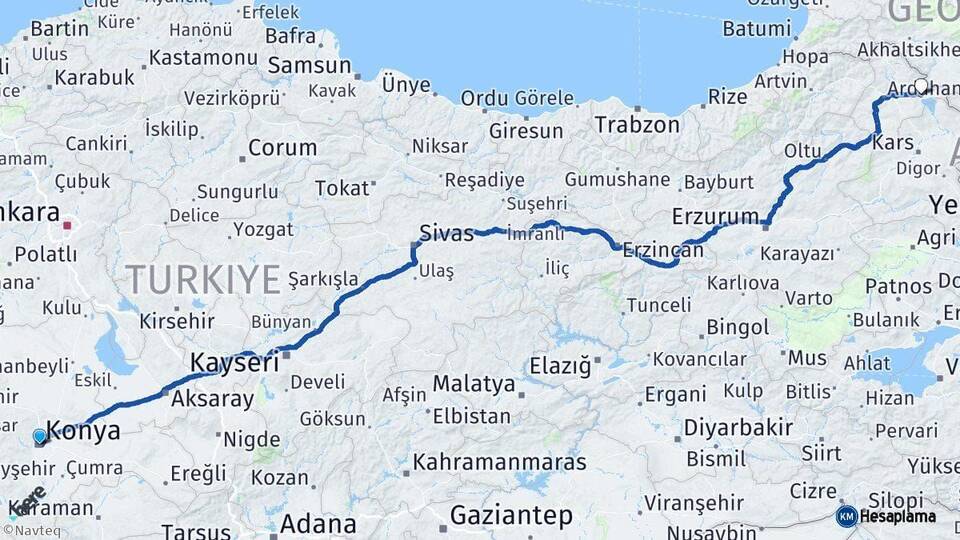 Konya Çıldır Ardahan Arası Kaç Km - Yol Haritası
