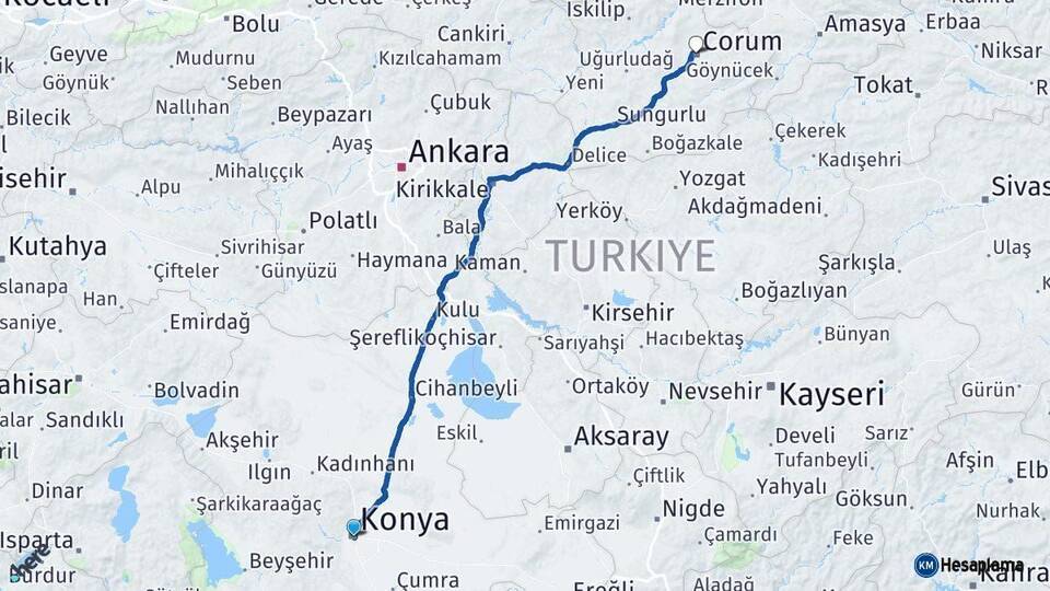 Konya Çorum Arası Kaç Km - Yol Haritası
