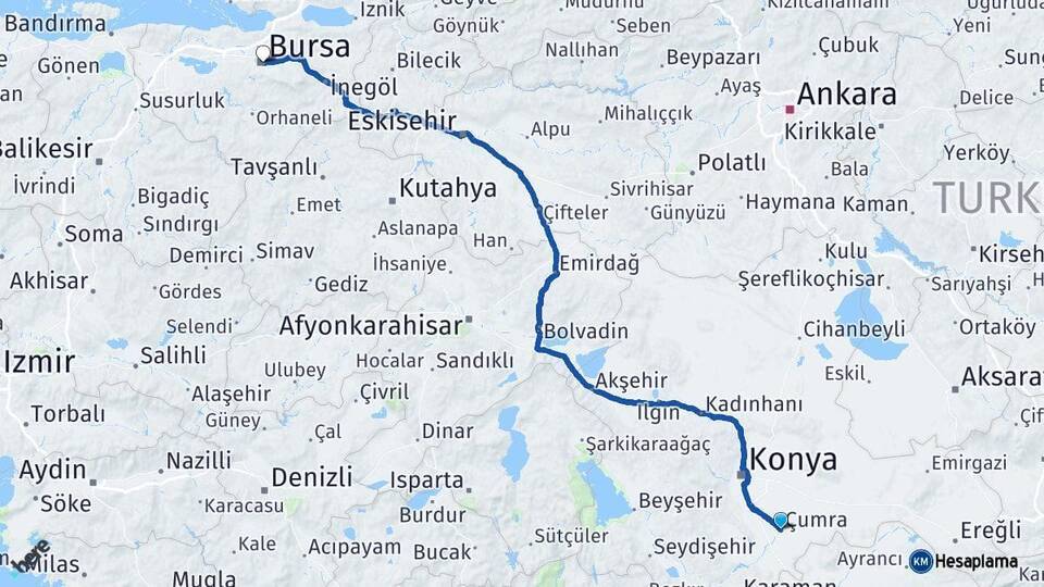 Çumra Bursa Arası Kaç Km - Yol Tarifi