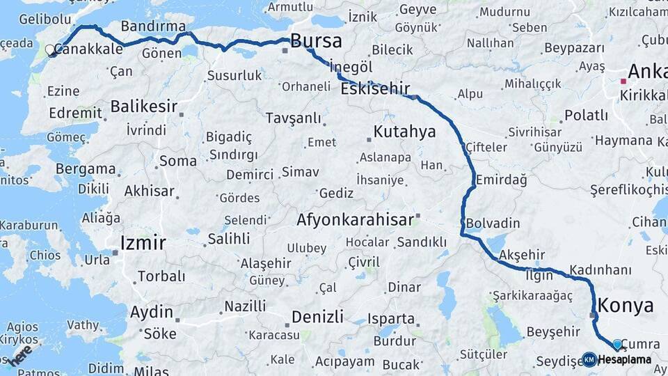 Çumra Çanakkale Arası Kaç Km - Yol Tarifi