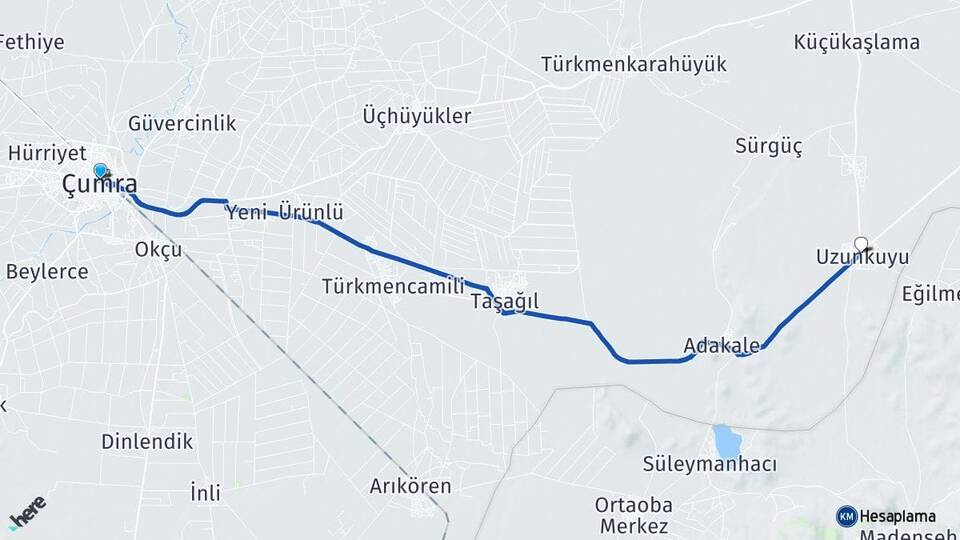 Konya Çumra Uzunkuyu Çumra Arası Kaç Km - Yol Haritası