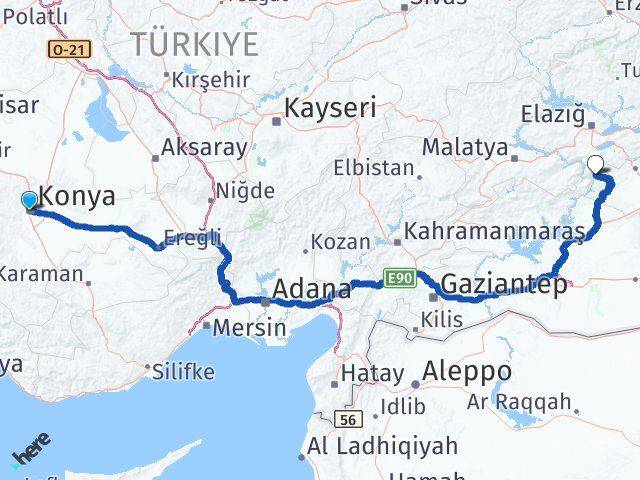 Konya Çüngüş Diyarbakır Arası Kaç Km - Yol Haritası