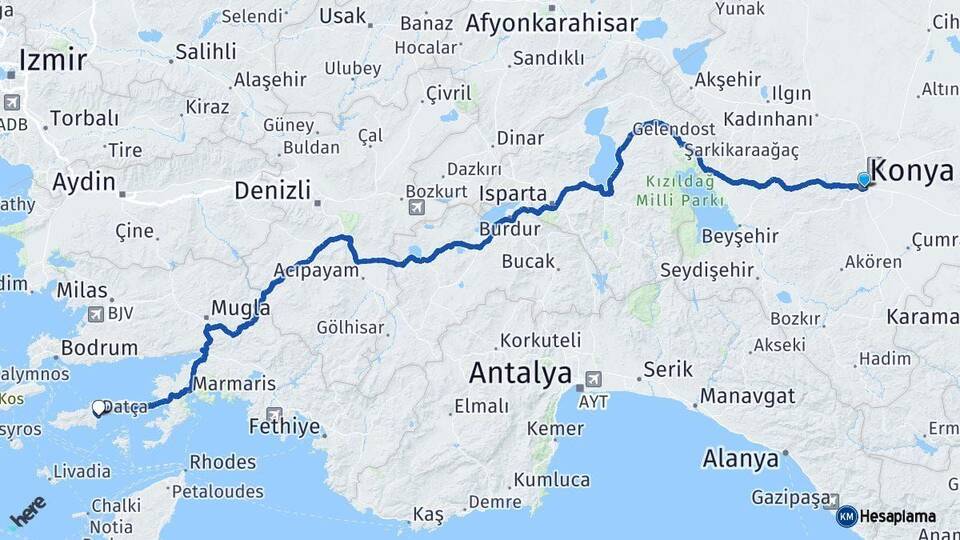 Konya Datça Muğla Arası Kaç Km - Yol Haritası