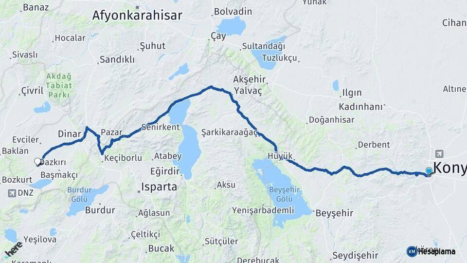 Konya Dazkırı Afyonkarahisar Arası Kaç Km - Yol Haritası