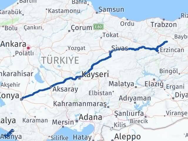 Konya Demirözü Bayburt Arası Kaç Km - Yol Haritası