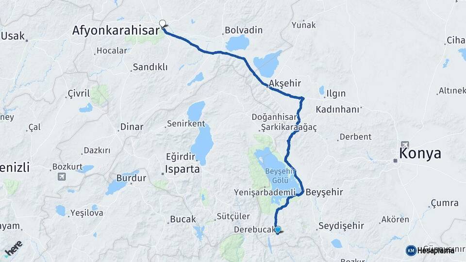 Konya Derebucak Afyonkarahisar Arası Kaç Km - Yol Haritası