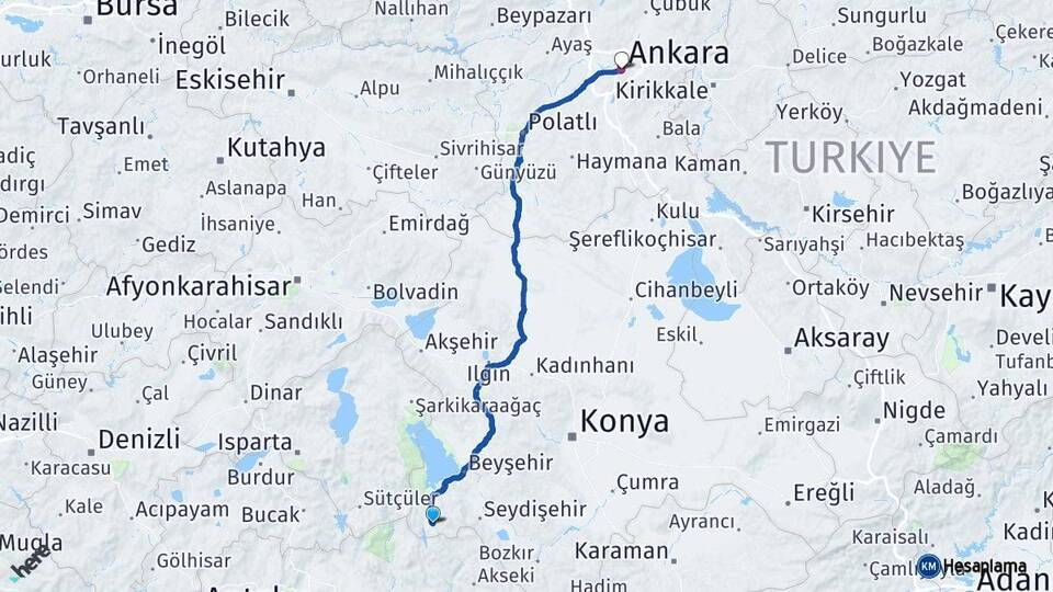 Konya Derebucak Ankara Arası Kaç Km - Yol Haritası