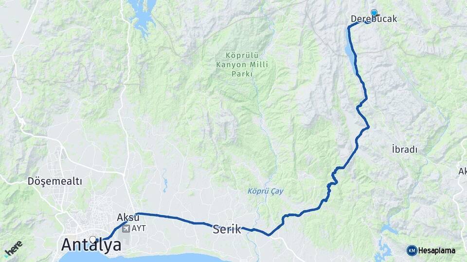 Konya Derebucak Antalya Arası Kaç Km - Yol Haritası