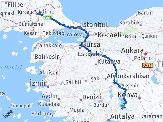 Konya Derebucak Edirne Arası Kaç Km - Yol Haritası