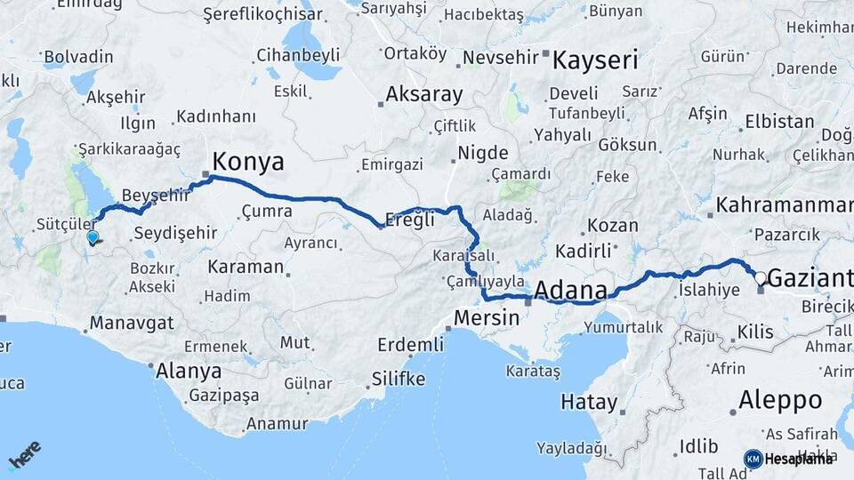 Konya Derebucak Gaziantep Arası Kaç Km - Yol Haritası