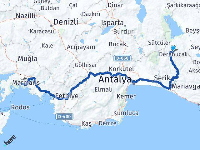 Konya Derebucak Muğla Arası Kaç Km - Yol Haritası