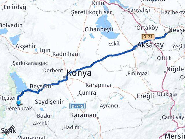 Konya Derebucak Nevşehir Arası Kaç Km - Yol Haritası