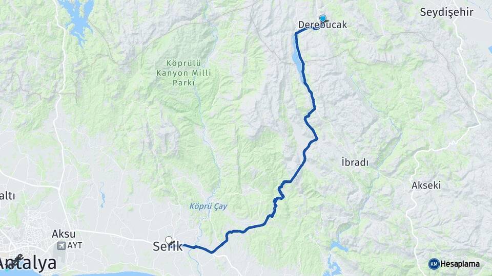 Konya Derebucak Serik Antalya Arası Kaç Km - Yol Haritası
