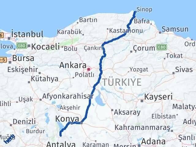 Konya Derebucak Sinop Arası Kaç Km - Yol Haritası