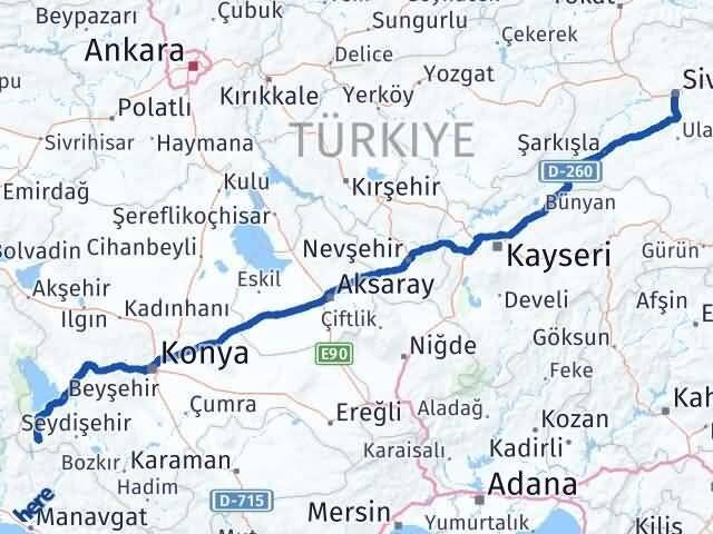 Konya Derebucak Sivas Arası Kaç Km - Yol Haritası