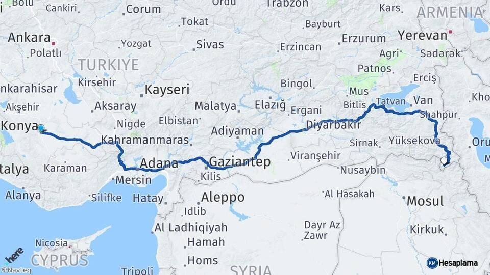 Konya Derecik Hakkari Arası Kaç Km - Yol Haritası