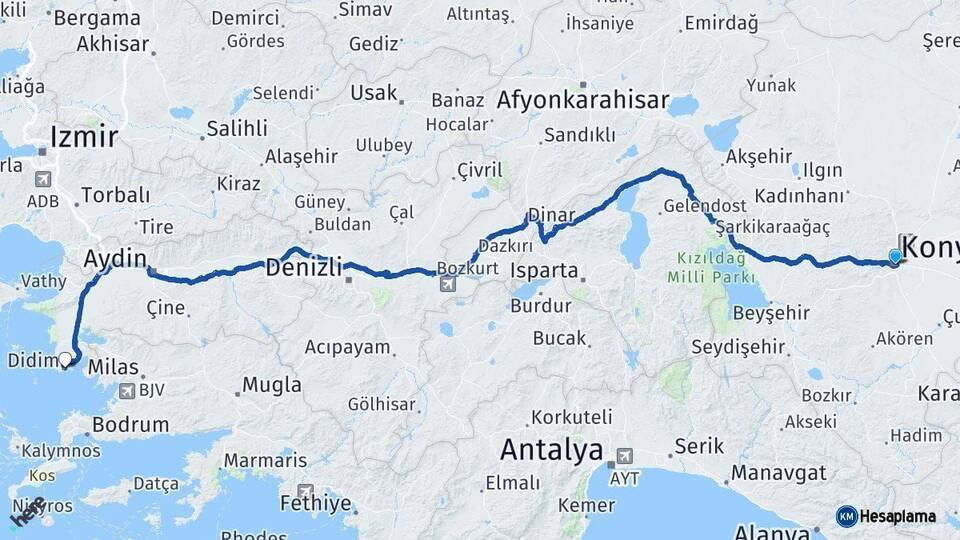 Konya Didim Aydın Arası Kaç Km - Yol Haritası