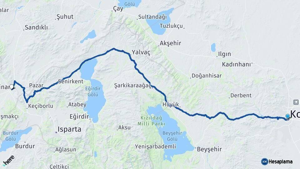 Konya Dinar Afyonkarahisar Arası Kaç Km - Yol Haritası