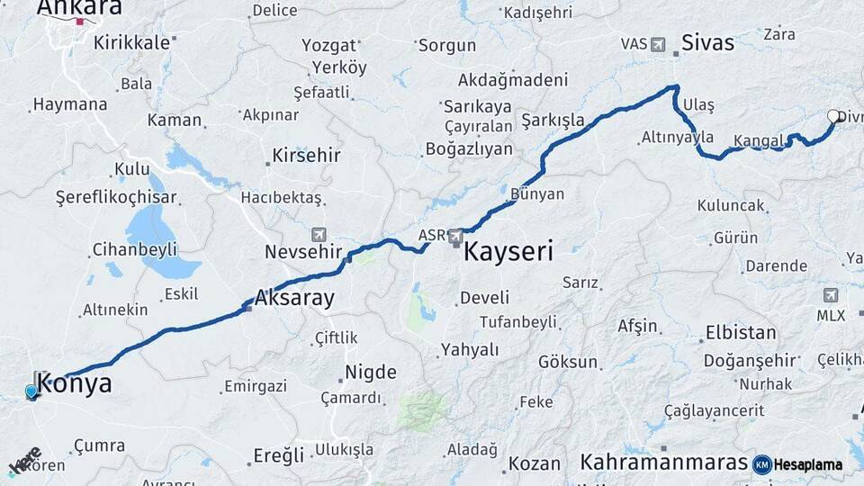 Konya Divriği Sivas Arası Kaç Km - Yol Haritası