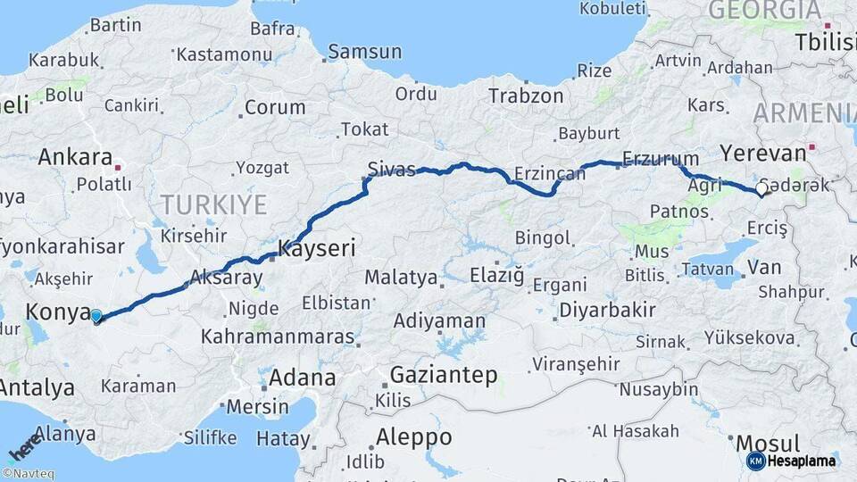 Konya Diyadin Ağrı Arası Kaç Km - Yol Haritası