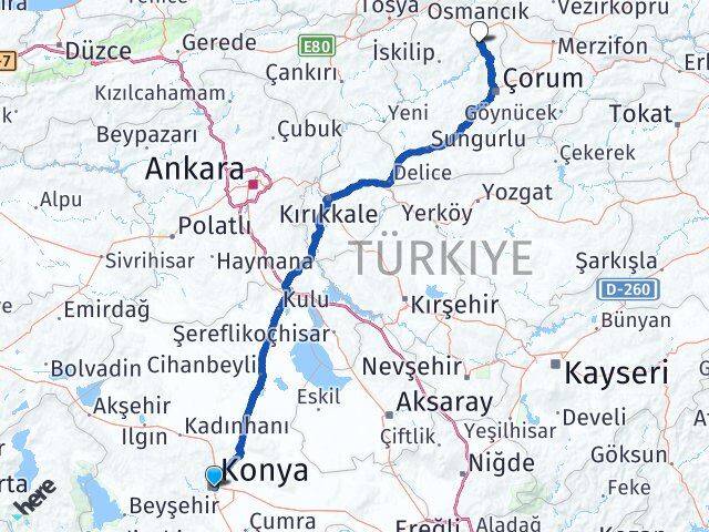Konya Dodurga Çorum Arası Kaç Km - Yol Haritası
